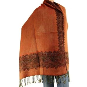 🧡✨ Burnt Orange Paisley Pashmina Shawl Wrap Fringe Scarf Reversible 27x77